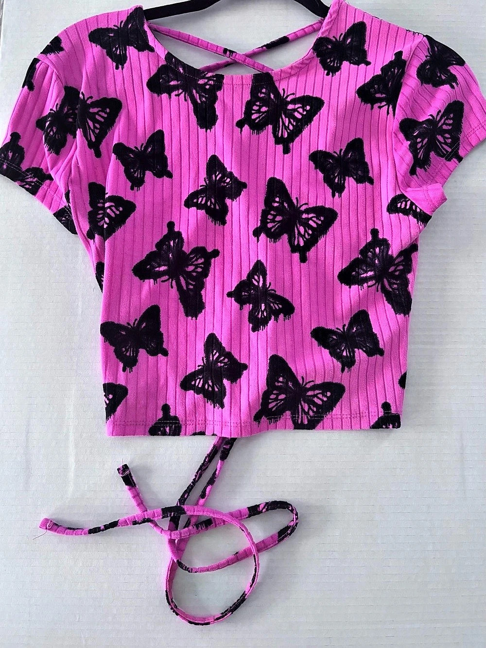 Pink and black Butterfly Print Lace-Up back Crop Top Size Large
